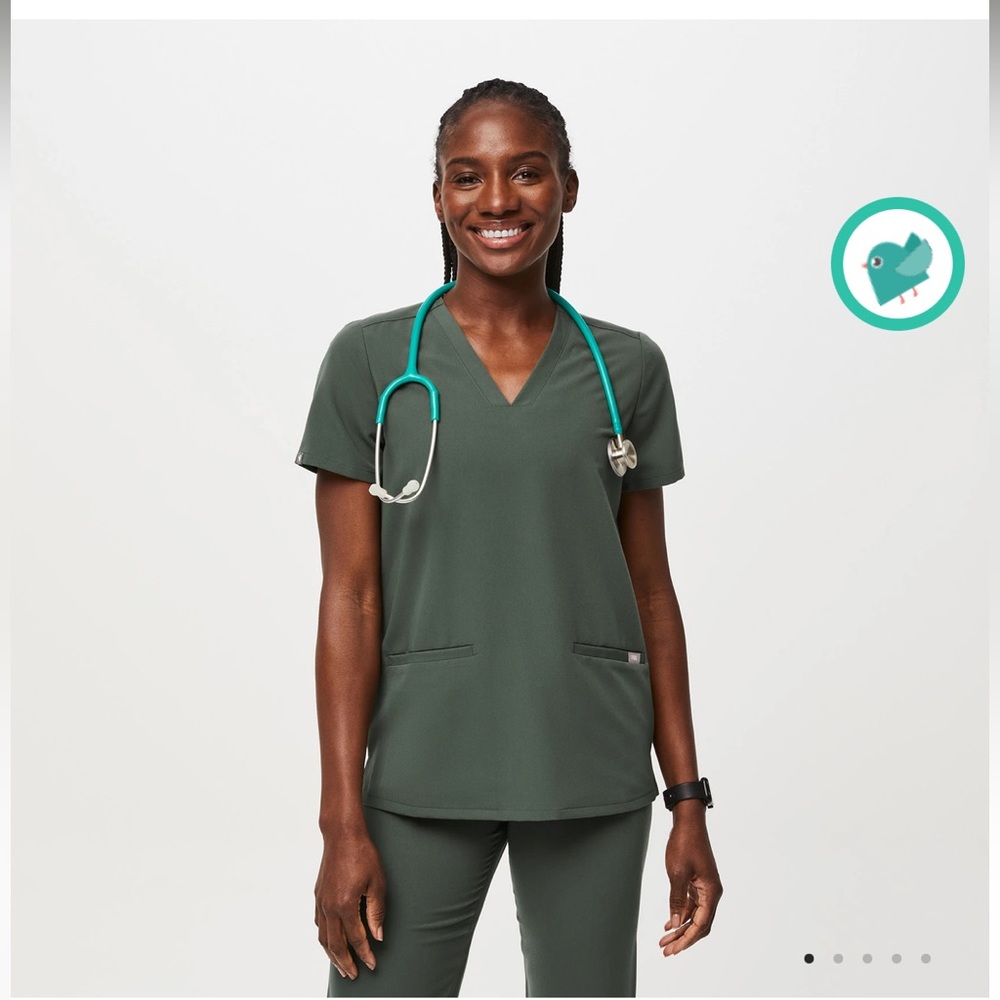 Figs Women's Short Sleeve V-Neck Top in Moss; Casma Three-Pocket Scrub Top